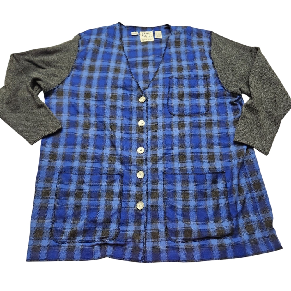 Vintage Blue Plaid Button Up Long Sleeve Thermal Top W/ Pockets Plus Size 2x 3X